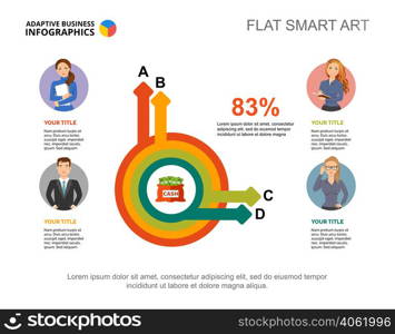 Circle diagram with four arrows. Editable template for percentage chart. Creative concept for infographics, presentation, project, report can be used for topics like business, finance, analysis