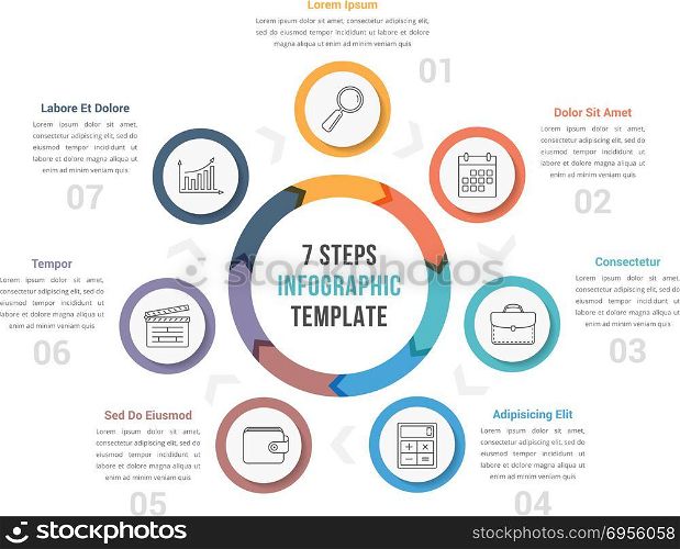 Circle Diagram with Seven Steps. Circle diagram infographic template with arrows with seven steps, workflow, process, vector eps10 illustration