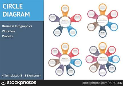 Circle Diagrams. Circle diagrams for infographics, five, six, seven and eight elements, steps or options, flowchart or workflow diagram template, business infographics, vector eps10 illustration
