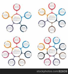 Circle Diagrams Set. Circle diagram with five, six, seven and eight elements, steps or options, flowchart or workflow diagram template, vector eps10 illustration