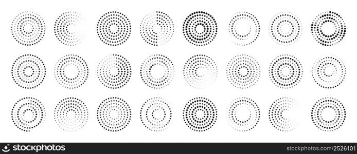 Circle dot pattern. Halftone round dot pattern. Spiral halftone frame. set of abstract ripple patterns. Circular graphic textures isolated on white background. Half tone elements. Vector.