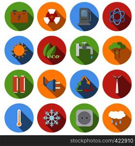 Circle ecology flat icons set. 16 color symbols. Ecology flat icons set