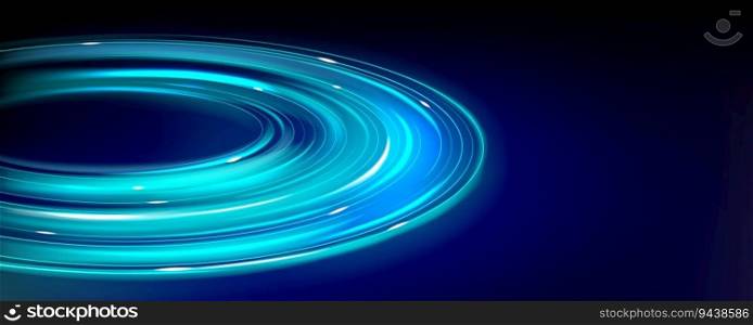 Circle flare, neon light effect of planet ring in outer space. Speed motion trail with blue glowing lines isolated on dark background, vector realistic illustration. Circle flare, neon light effect of planet ring