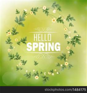 Circle floral frame with text hello spring and bokeh background.Vector