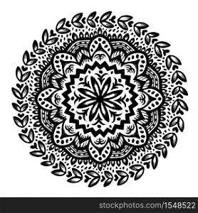 Circle flower mandala. Hand drawn ornamental round design. Black and white vector illustration.. Circle flower mandala. Hand drawn ornamental round design. Black and white vector illustration