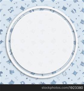 Circle frame, background on seamless pattern with doodle linear icons. Printing of finished photos. Camera, film, memory card, lens. Media network posting back