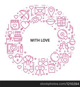 Circle frame with love symbols in line style. Love couple relationship dating wedding romantic amour concept theme. Unique Valentine day round print. Elements, icons. Circle frame with love symbols in line style. Love couple relationship dating wedding romantic amour concept theme. Unique Valentine day round print. Elements, icons.