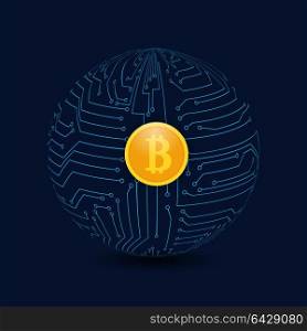 Circle from the motherboard and bitcoin coins on a dark background. . Circle from the motherboard and bitcoin coins on a dark background. Global business. Vector illustration .