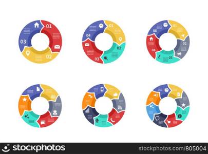 Circle graphic, pie diagrams, round charts with icons, options, parts, steps, process sectors vector set. Circular step and pie round order sector connected illustration. Circle graphic, pie diagrams, round charts with icons, options, parts, steps, process sectors vector set