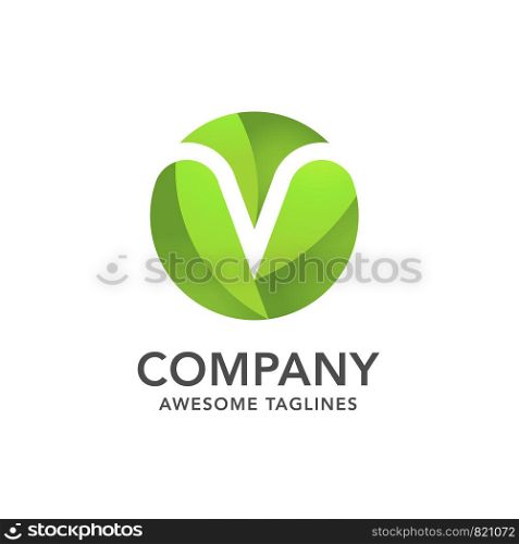 circle green leaf with hidden letter a logo vector concept, creative initial letter v with leaf logo vector