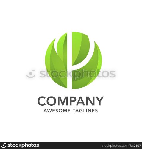 circle green leaf with hidden letter p logo vector concept