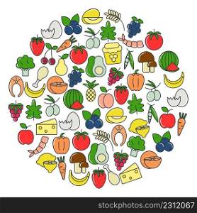 Circle healthy organic food concept. Round composition fruits and vegetables icons. Nutrition template isolated vector illustration