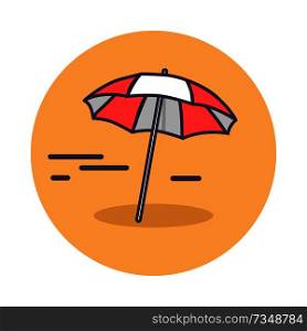 Circle icon depicting sandy beach. Vector illustration of red-and-white sun umbrella lying on scorching sand and casting small shadow. Circle Icon Depicting Sun Umrella Lying on Sand