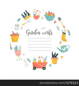 Circle illustration of garden tools and place for text. Suitable for brochures, wrapping paper, packaging cover. Circle illustration of garden tools and text place