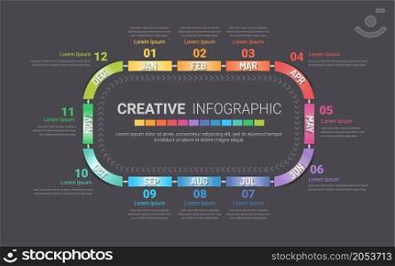 Circle Infographic all month planners. Infographics for 12 months, 1 year business concept. Can be used for presentations banner, workflow layout, process diagram, flow char.