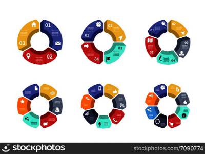 Circle infographic, chart, diagram, process workflow vector template. Business presentation with 3 and 4, 5 and 6, 7 and 8 options, parts, steps. Infographic of step strategy, business chart circle. Circle infographic, chart, diagram, process workflow vector template. Business presentation with 3, 4, 5, 6, 7, 8 options, parts, steps
