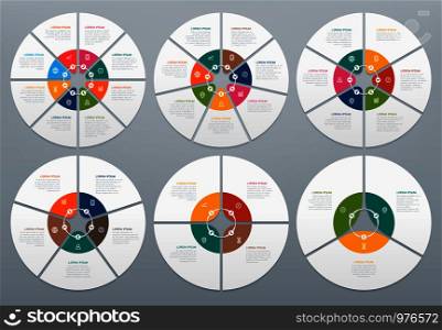 Circle infographic. Round diagram of process steps, circular chart with arrow, circled graphs presentation. Circles and arrows graph charts process infographics vector isolated icon set. Circle infographic. Round diagram of process steps, circular chart with arrow. Circles and arrows graph charts vector set