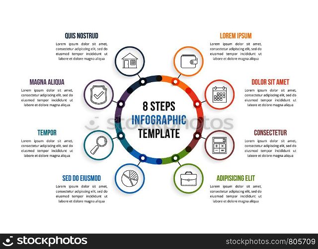 Circle infographic template with eight elements, steps or options, workflow or process diagram, vector eps10 illustration. Circle Infographics
