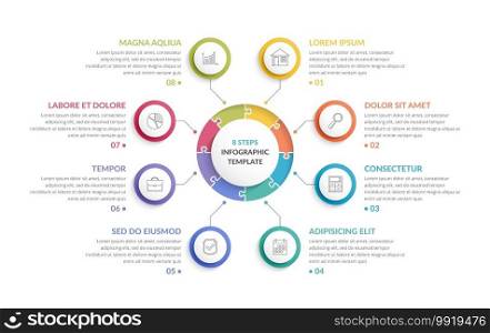 Circle infographic template with round puzzle with eight steps or options, process chart, creative business infographics, vector eps10 illustration. Circle Infographics - Eight Elements