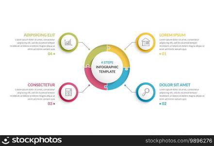 Circle infographic template with round puzzle with four steps or options, process chart, creative business infographics, vector eps10 illustration. Circle Infographics - Four Elements