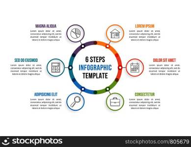 Circle infographic template with six elements, steps or options, workflow or process diagram, vector eps10 illustration. Circle Infographics
