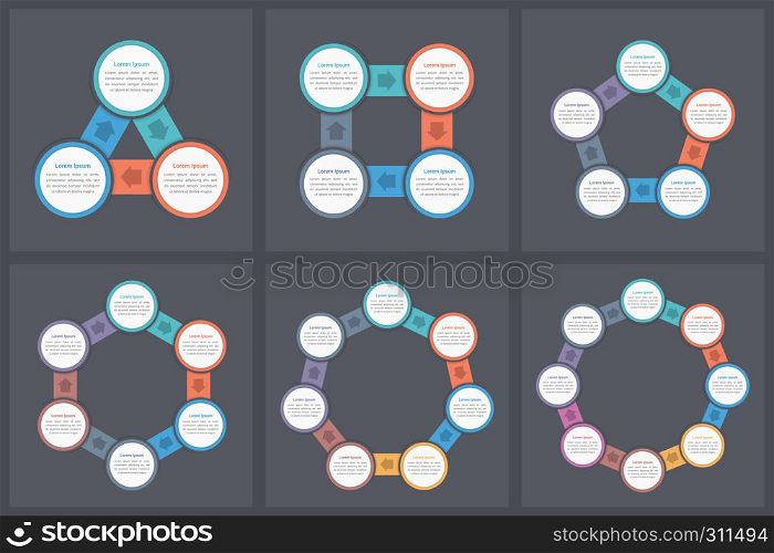 Circle infographic templates with 3, 4, 5, 6, 7 and 8 elements, steps or options, workflow or process diagram, data vizualization, vector eps10 illustration. Circle Infographic Templates