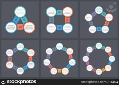 Circle infographic templates with 3, 4, 5, 6, 7 and 8 elements, steps or options, workflow or process diagram, data vizualization, vector eps10 illustration. Circle Infographic Templates