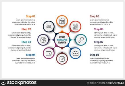 Circle infographics template with eight elements, can be used as process diagram, steps, options, vector eps10 illustration. Circle Infographics Template with Eight Elements