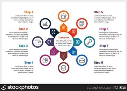Circle infographics template with eight elements, can be used as process diagram, steps, options, vector eps10 illustration. Circle Infographics Template with Eight Elements