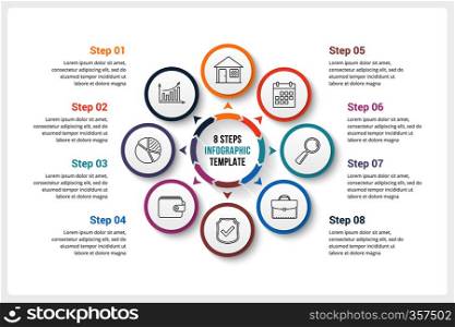 Circle infographics template with eight elements, can be used as process diagram, steps, options, vector eps10 illustration. Circle Infographics with Eight Elements
