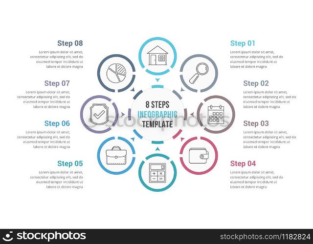 Circle infographics template with eight elements, process diagram, steps, options, vector eps10 illustration. Circle Infographics with Eight Elements