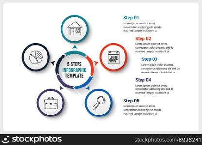 Circle infographics template with five elements, can be used as process diagram, steps, options, vector eps10 illustration. Circle Infographics with Five Elements