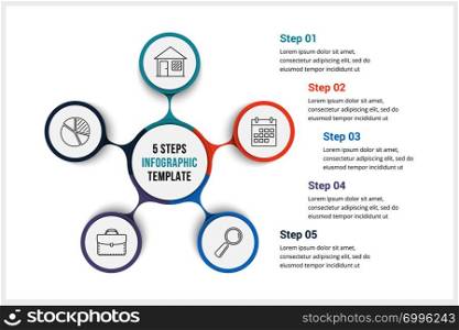 Circle infographics template with five elements, can be used as process diagram, steps, options, vector eps10 illustration. Circle Infographics Template with Five Elements