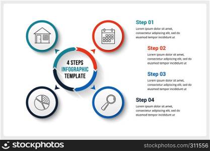 Circle infographics template with four elements, can be used as process diagram, steps, options, vector eps10 illustration. Circle Infographics with Four Elements