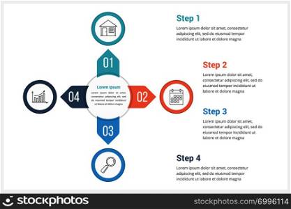 Circle infographics template with four elements, can be used as process diagram, steps, options, vector eps10 illustration. Circle Infographics Template with Four Elements