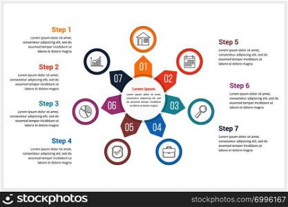 Circle infographics template with seven elements, can be used as process diagram, steps, options, vector eps10 illustration. Circle Infographics Template with Seven Elements