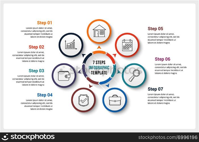 Circle infographics template with seven elements, can be used as process diagram, steps, options, vector eps10 illustration. Circle Infographics with Seven Elements