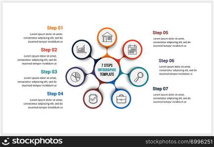 Circle infographics template with seven elements, can be used as process diagram, steps, options, vector eps10 illustration. Circle Infographics Template with Seven Elements