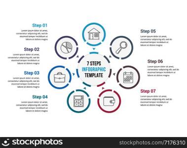 Circle infographics template with seven elements, process diagram, steps, options, vector eps10 illustration. Circle Infographics with Seven Elements
