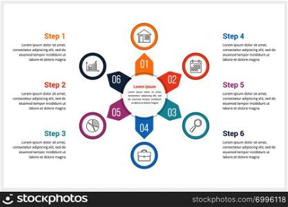 Circle infographics template with six elements, can be used as process diagram, steps, options, vector eps10 illustration. Circle Infographics Template with Six Elements