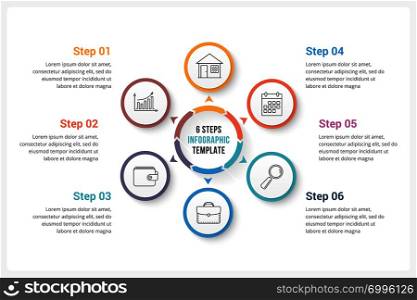 Circle infographics template with six elements, can be used as process diagram, steps, options, vector eps10 illustration. Circle Infographics with Six Elements