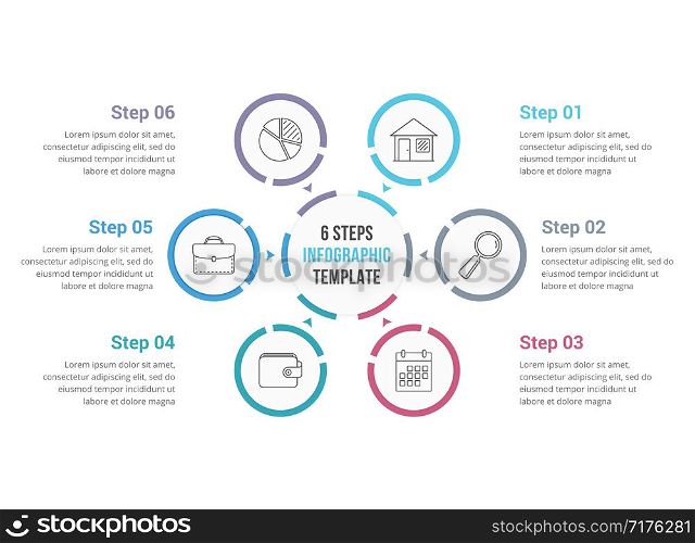 Circle infographics template with six elements, process diagram, steps, options, vector eps10 illustration. Circle Infographics with Six Elements