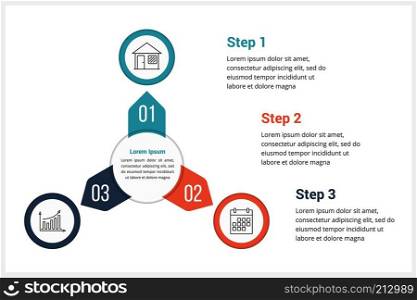 Circle infographics template with three elements, can be used as process diagram, steps, options, vector eps10 illustration. Circle Infographics Template with Three Elements