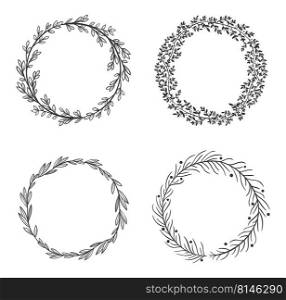 Circle leaf frames. Black round natural borders, floral wreath set isolated on white. Botanical elements with foliage, festive decoration for wedding invitation or greeting cards collection. Circle leaf frames. Black round natural borders, floral wreath set isolated on white,. Botanical elements with foliage