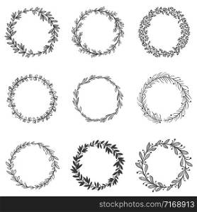 Circle leaf frames. Round branches with leafs, hand drawn floral frame and decorative sketch leaf circles vector set. Collection of natural monochrome circular decorations made of foliage of plants.. Circle leaf frames. Round branches with leafs, hand drawn floral frame and decorative sketch leaf circles vector set