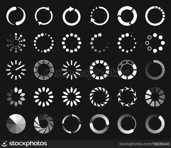 Circle loader icon, buffer, upload and download progress bar. Circular preloading, progression bars, website buffering icons vector set. Indicators showing waiting time on web interface. Circle loader icon, buffer, upload and download progress bar. Circular preloading, progression bars, website buffering icons vector set