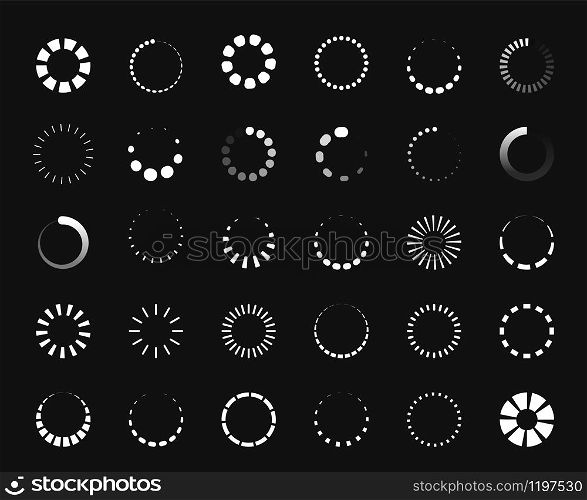 Circle loader icon. Round progress bar and download symbol for application UI, countdown and wait indicator. Vector illustration icons website circle loader status set. Circle loader icon. Round progress bar and download symbol for application UI, countdown and wait indicator. Vector circle loader status set