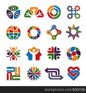 Circle logo shapes. Community group recycling partnership together colorful abstract forms for business symbols and logotypes. Business circle community, shape abstract teamwork. Vector illustration. Circle logo shapes. Community group recycling partnership together colorful abstract forms for business symbols and logotypes