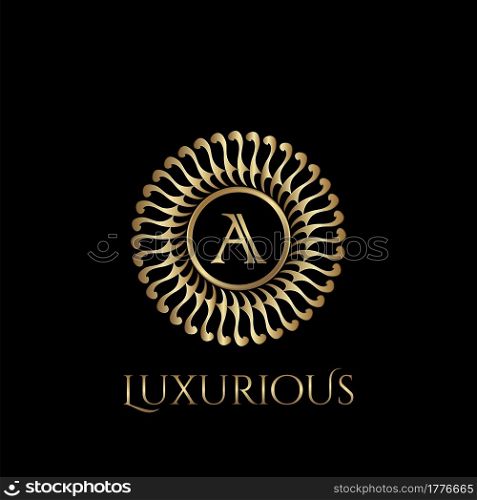 Circle luxury logo with letter A and symmetric swirl shape vector design logo gold color.