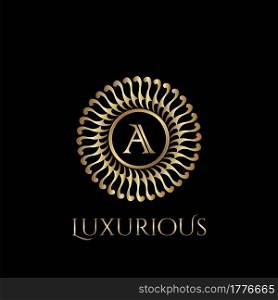 Circle luxury logo with letter A and symmetric swirl shape vector design logo gold color.